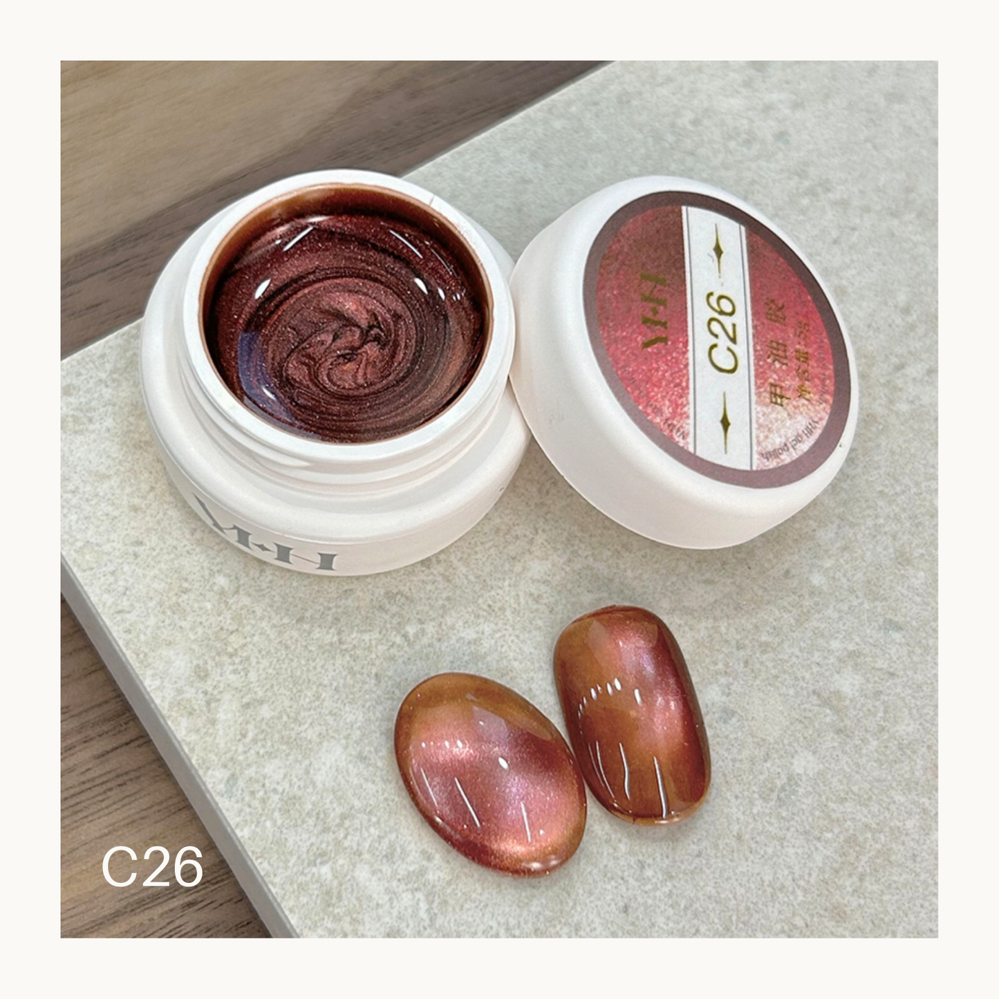 YHH C26 burnt rose bronze cat eye gel, magnetic shimmer pot gel with warm autumn nail art effect