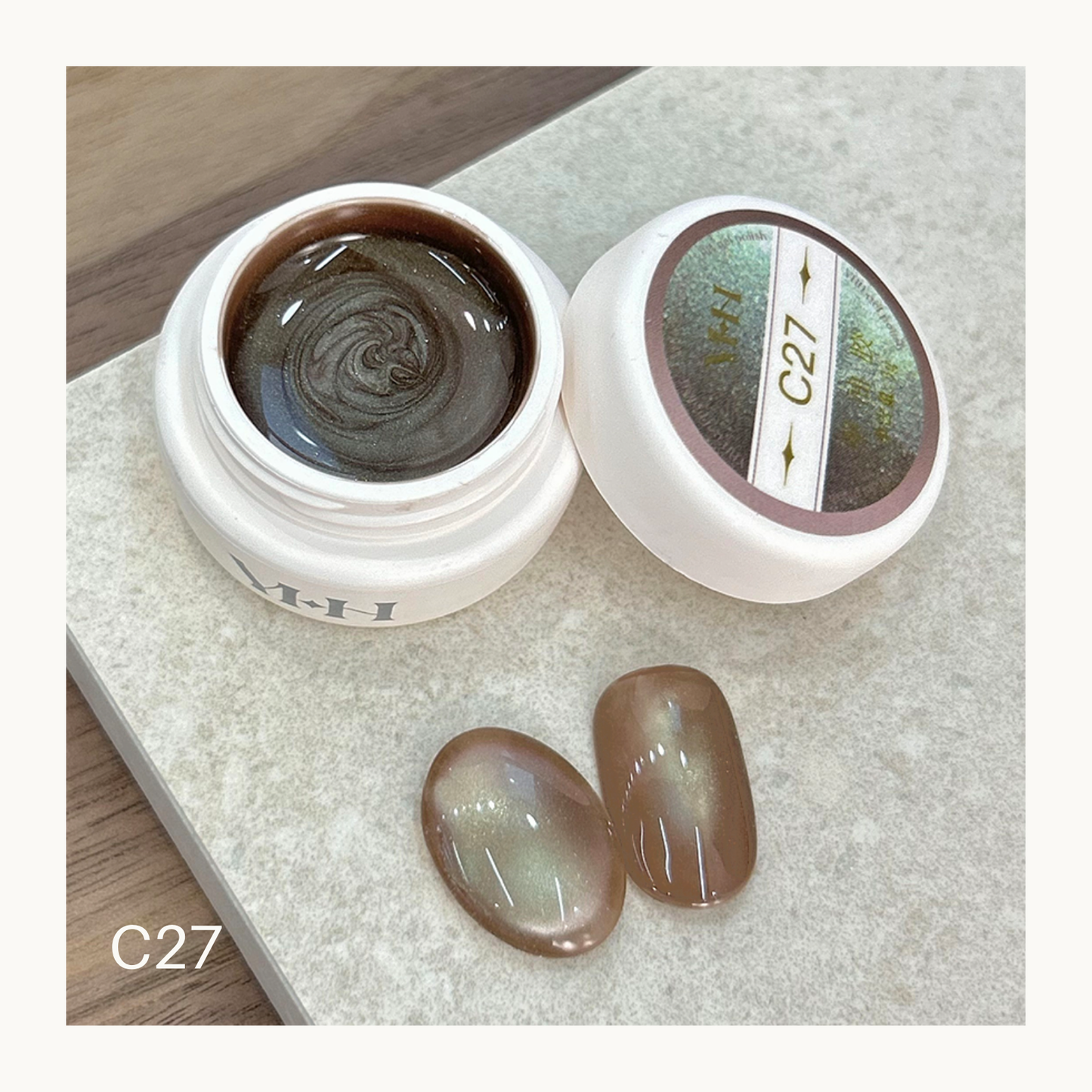 YHH C27 smoky olive cat eye gel, magnetic shimmer nail gel with subtle green metallic glow