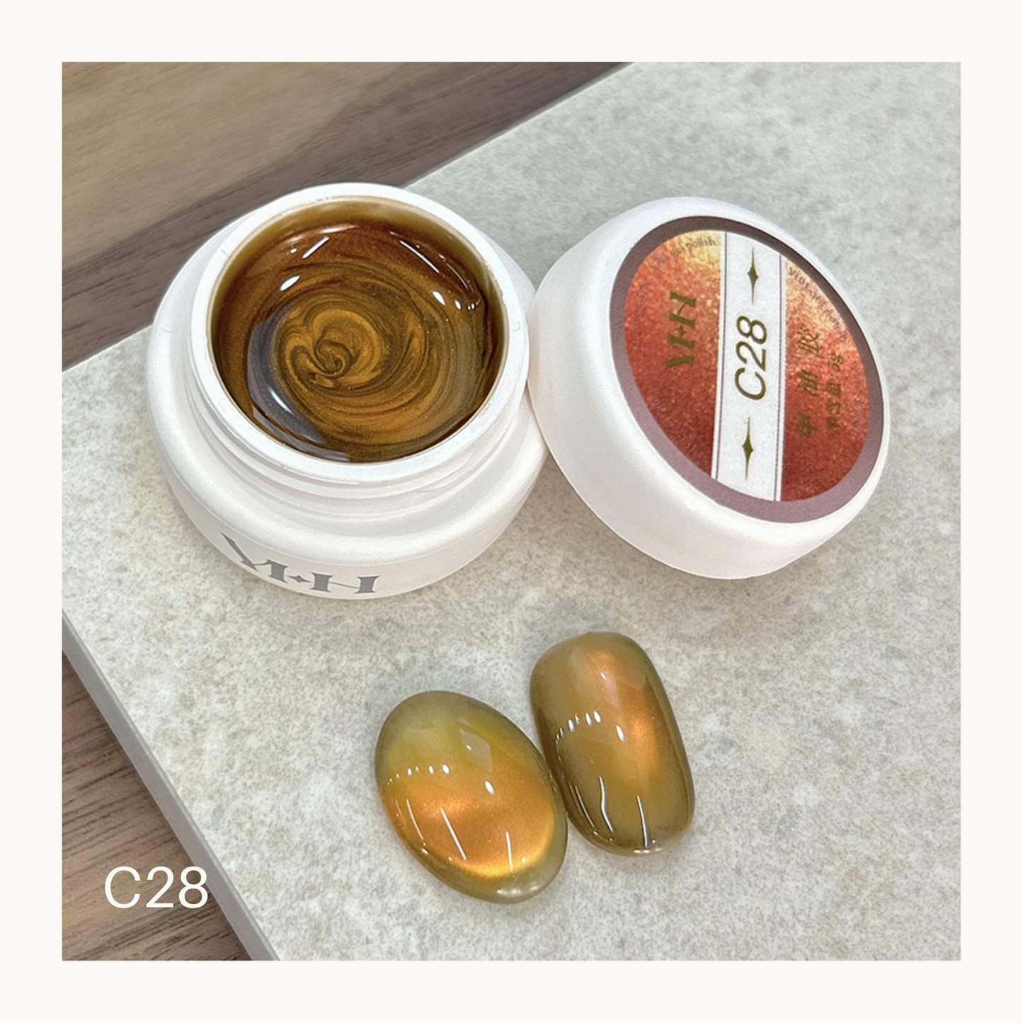 YHH C28 golden amber cat eye gel, magnetic shimmer pot gel with honey gold luminous effect