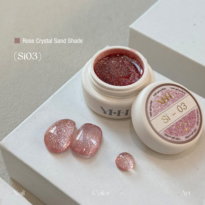 YHH Rose Crystal Sand Si03 pink reflective crushed diamond gel polish jar with nail swatch