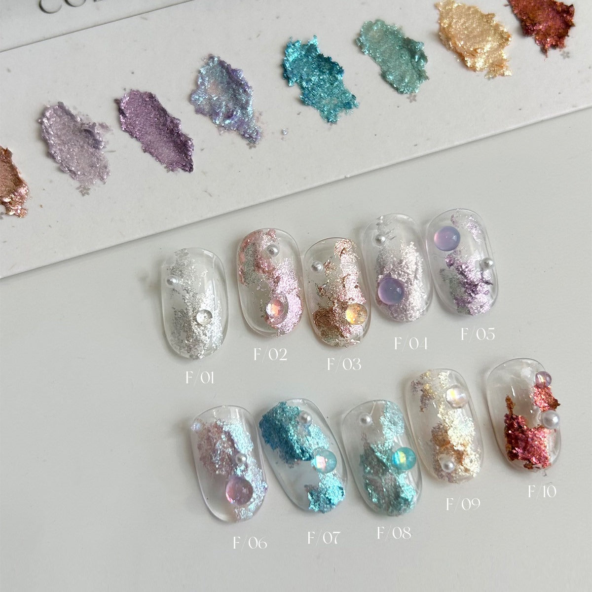 YHH Dreamy Powder Paste F01 to F10 open jar swatches, iridescent textured pigment paste for dimensional nail art, professional nail supplies for North American nail artists