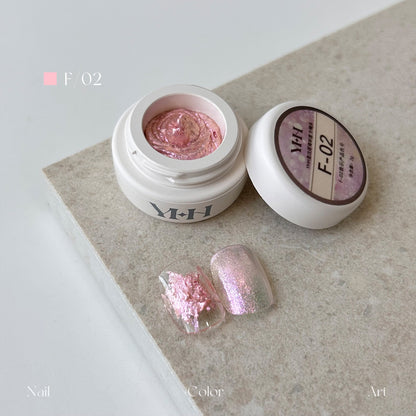 YHH Dreamy Powder Paste F02 single jar swatch, soft pink textured metallic paste for nail art, non-wipe sculpting pigment paste for nail techs