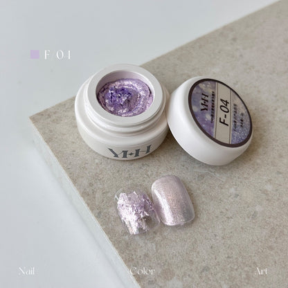 YHH Dreamy Powder Paste F04 single jar swatch, pale lavender iridescent textured pigment paste for dimensional nail designs
