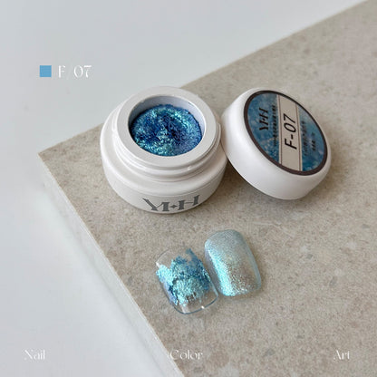 YHH Dreamy Powder Paste F07 single jar swatch, bright cyan shimmer textured paste, non-wipe nail sculpting pigment paste for nail techs