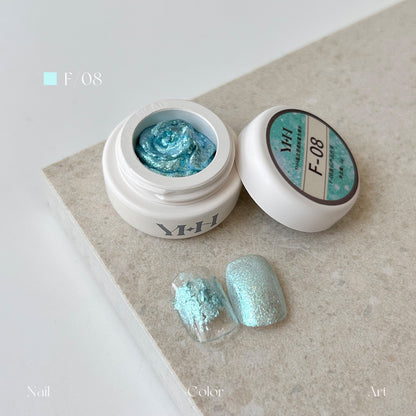YHH Dreamy Powder Paste F08 single jar swatch, aqua iridescent textured paste for dimensional nail art designs