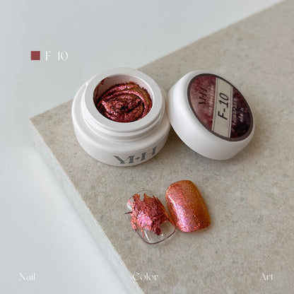 YHH Dreamy Powder Paste F10 single jar swatch, burnt orange metallic textured paste, non-wipe 3D nail sculpting paste