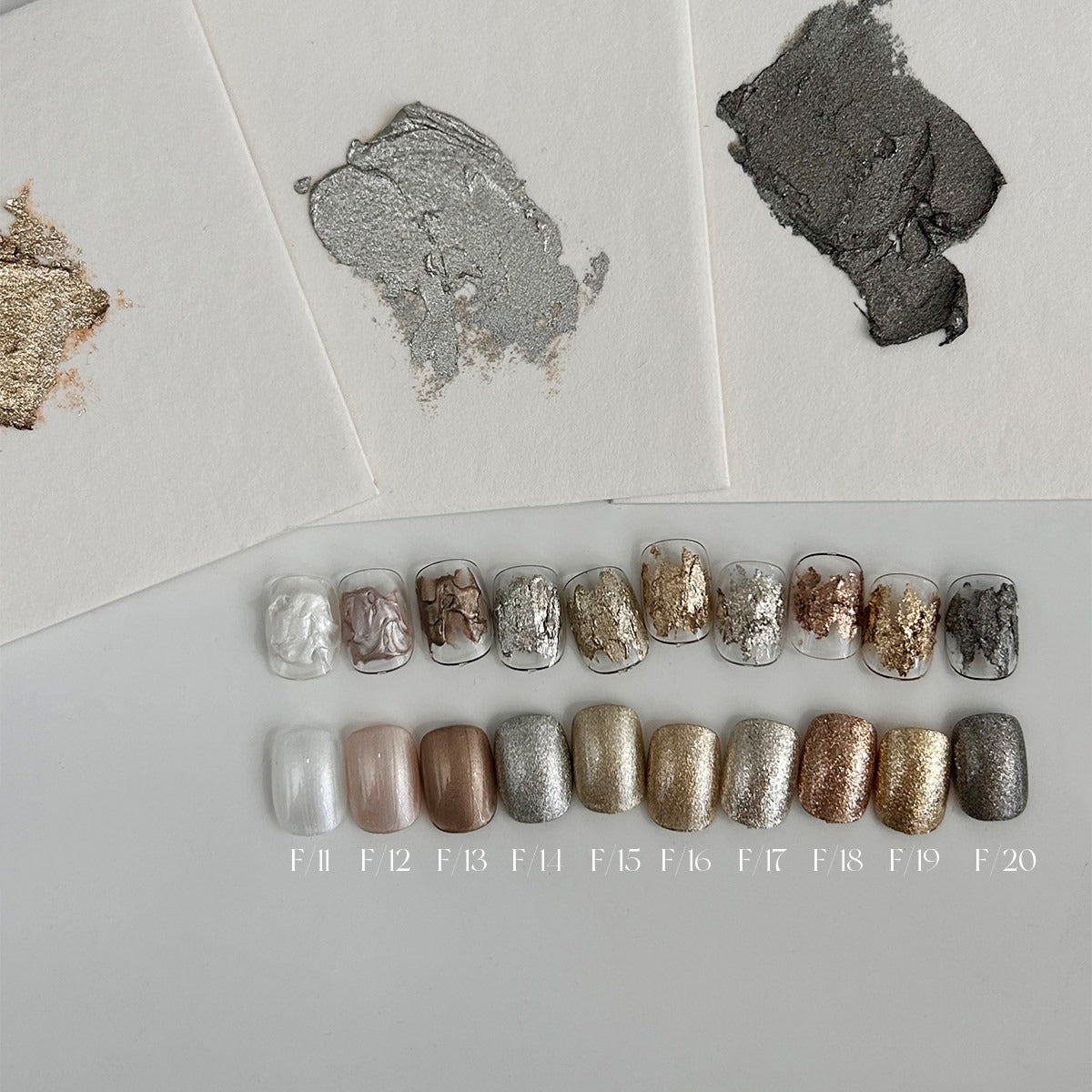 YHH Dreamy Powder Paste F11-F20 metallic earth tone textured paste swatches, non-wipe sculpting pigment paste for 3D nail designs, nail tech supply USA Canada