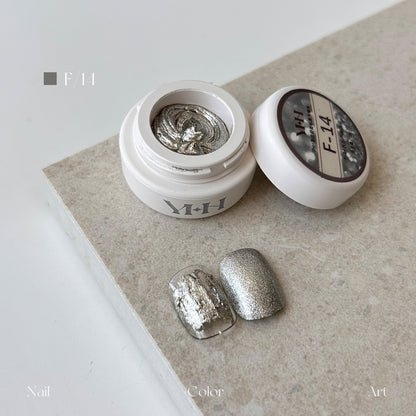 YHH Dreamy Powder Paste F14 single jar swatch, silver metallic textured pigment paste for bold 3D nail designs