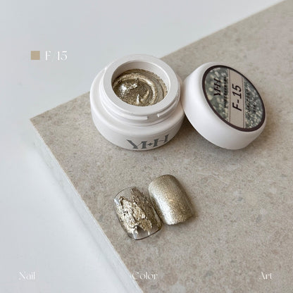 YHH Dreamy Powder Paste F15 single jar swatch, pale gold textured metallic paste, non-wipe sculpting paste for nail art