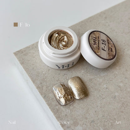 YHH Dreamy Powder Paste F16 single jar swatch, bright gold flake textured pigment paste for eye-catching dimensional nails