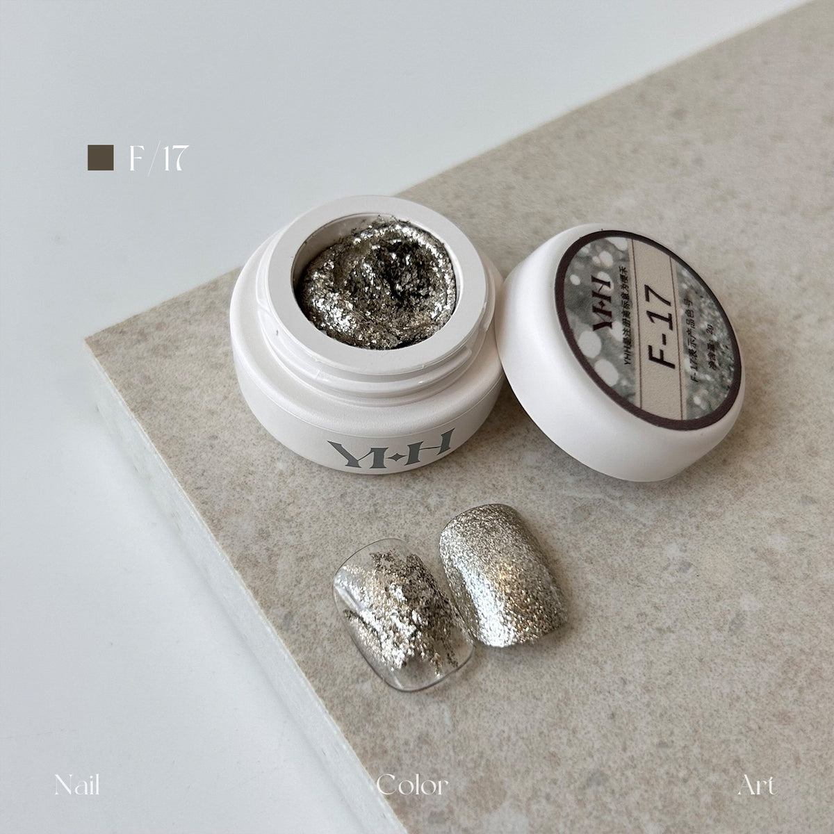 YHH Dreamy Powder Paste F17 single jar swatch, copper bronze textured metallic paste for earthy luxury nail art