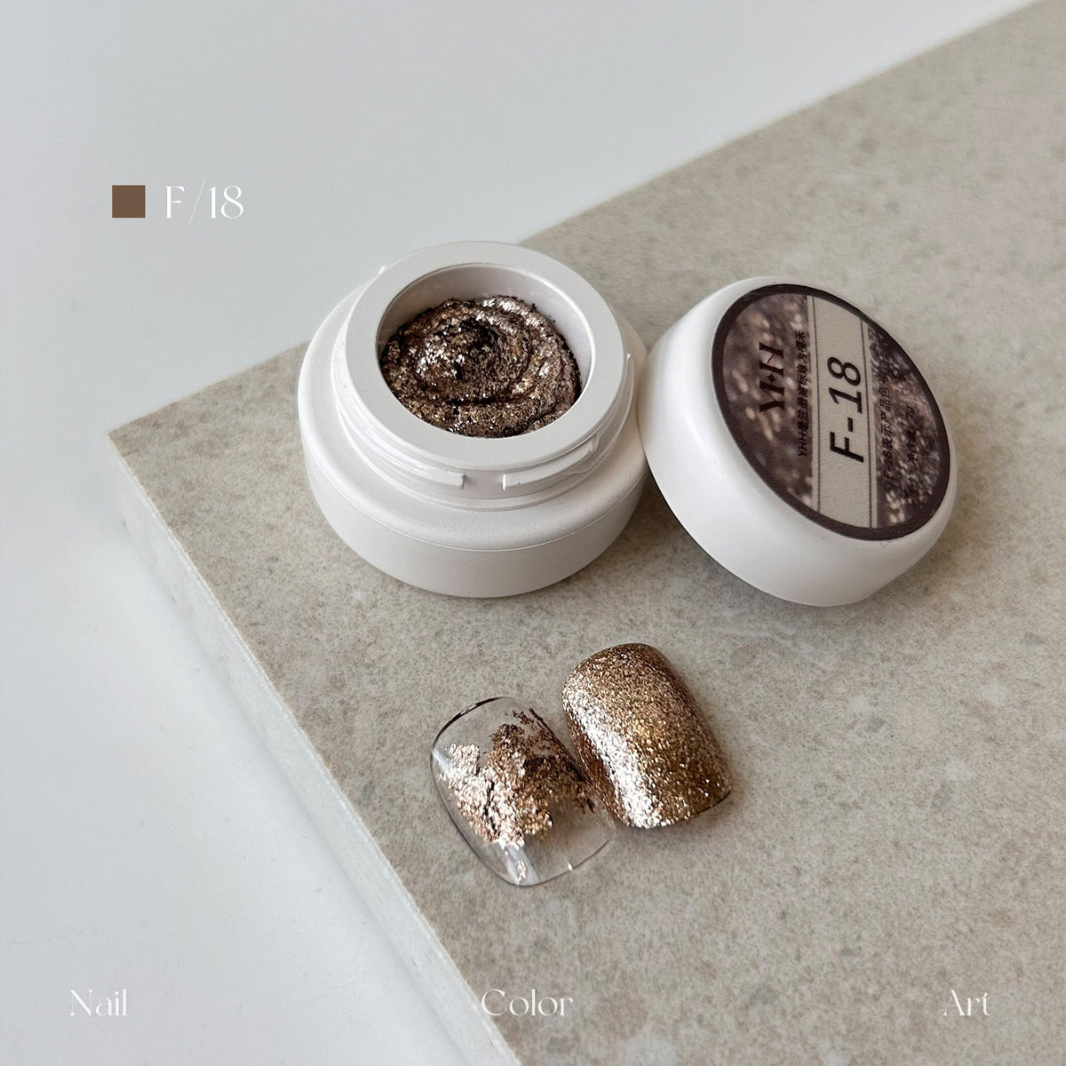 YHH Dreamy Powder Paste F18 single jar swatch, antique gold textured flake paste, professional nail supply for USA and Canada nail techs