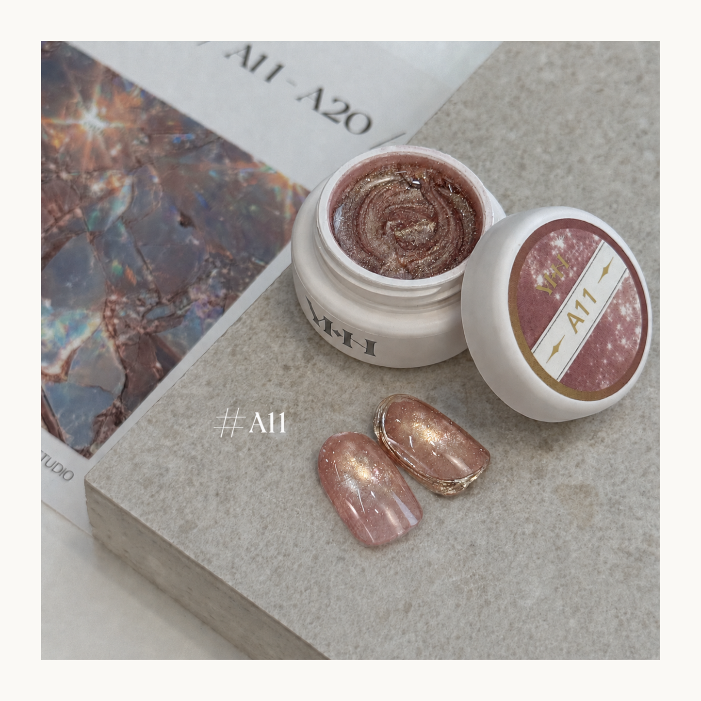 YHH Ethereal Glow A11 rose nude magnetic cat eye gel with fine golden shimmer for luminous everyday salon nails.