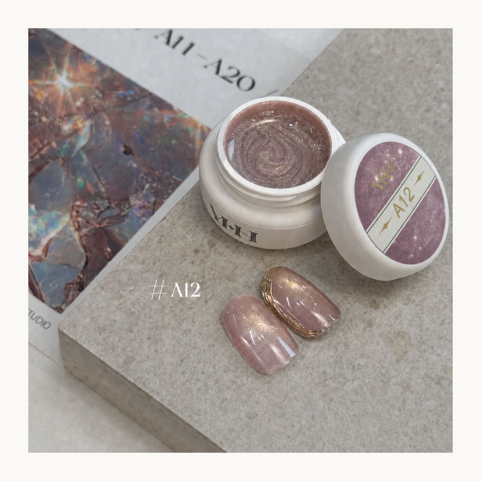 YHH Ethereal Glow A12 blush pink magnetic cat eye gel with delicate reflective shimmer and a soft translucent finish.