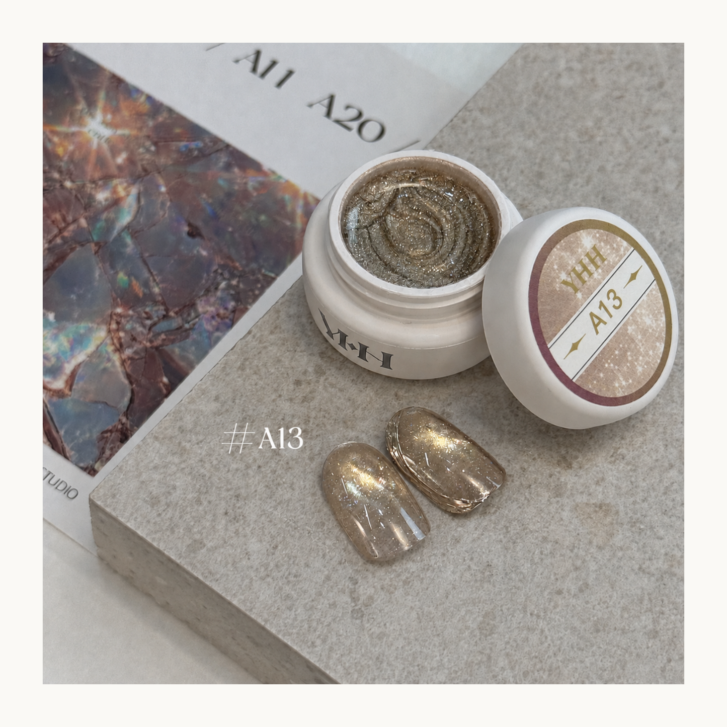 YHH Ethereal Glow A13 champagne nude magnetic cat eye gel with fine shimmer for elegant, wearable salon nails.