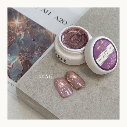 YHH Ethereal Glow A17 mauve pink magnetic cat eye gel with fine shimmer and a luminous dimensional nail finish.