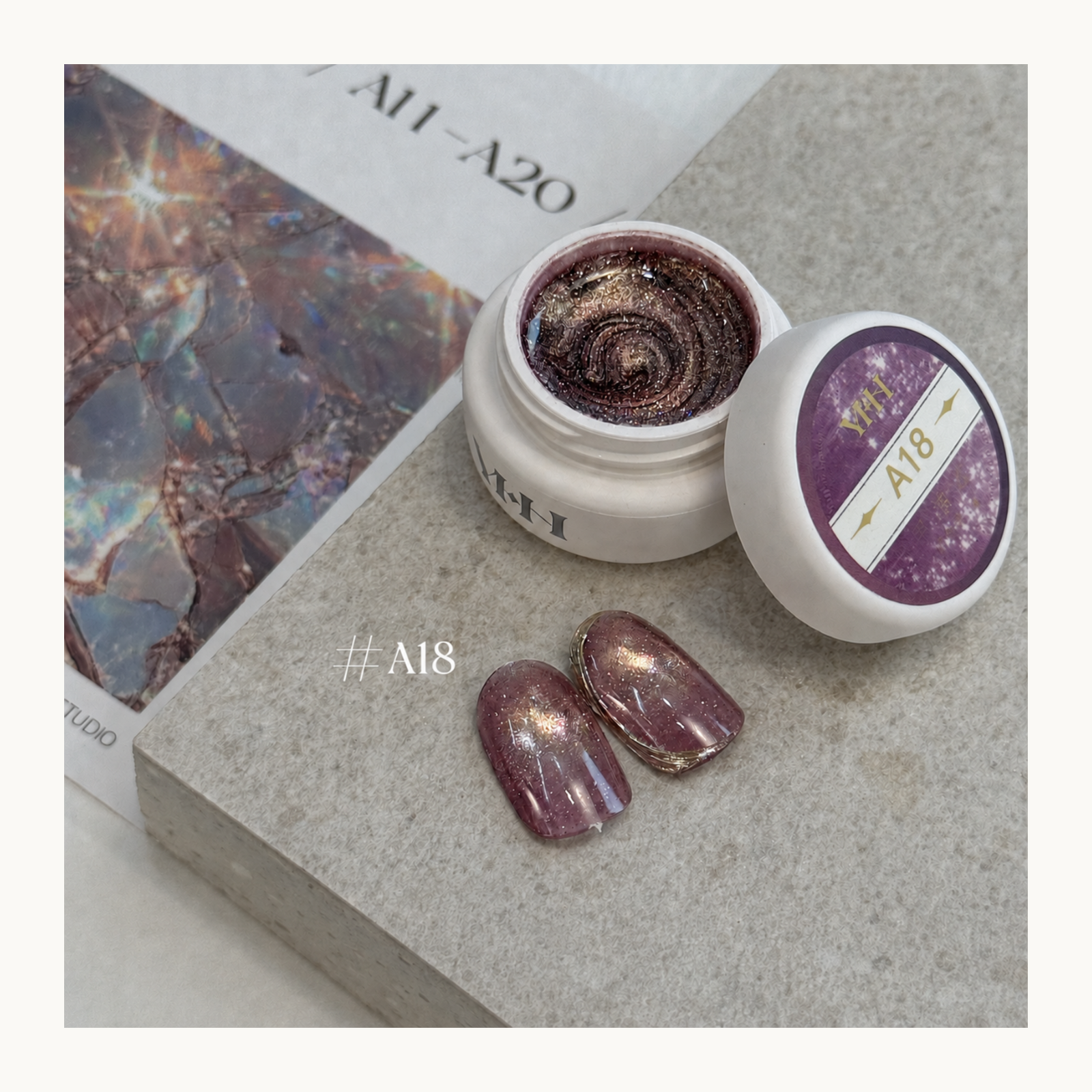 YHH Ethereal Glow A18 deep rose magnetic cat eye gel with fine reflective shimmer for dimensional salon nail art.