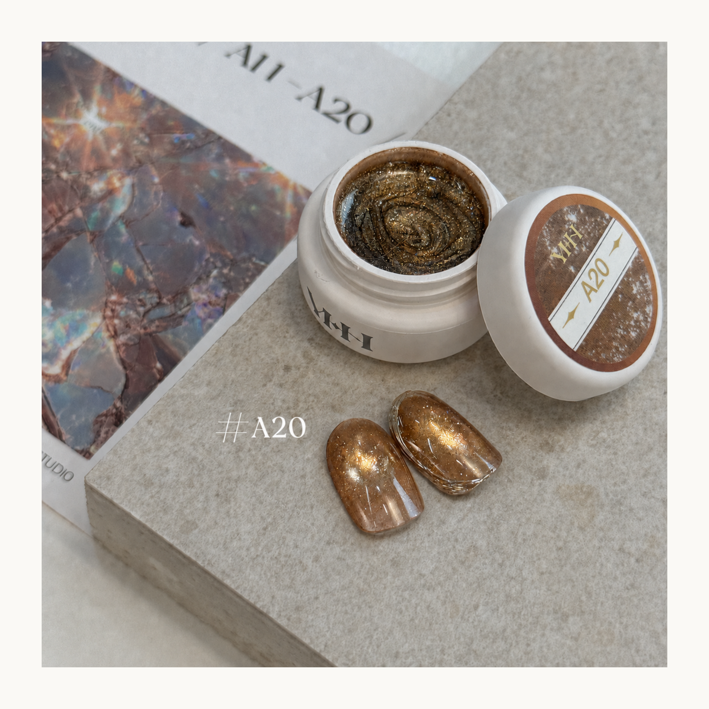 YHH Ethereal Glow A20 amber gold magnetic cat eye gel with luminous champagne shimmer for warm, elegant salon nails.