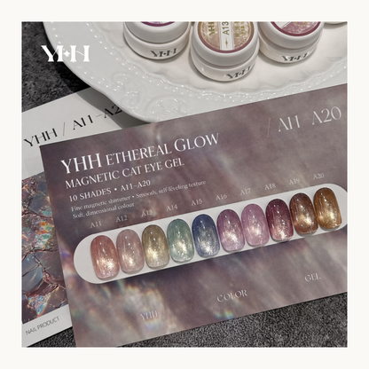 YHH Ethereal Glow magnetic cat eye gel swatches featuring 10 luminous shades from A11 to A20 with fine shimmer and dimensional color.