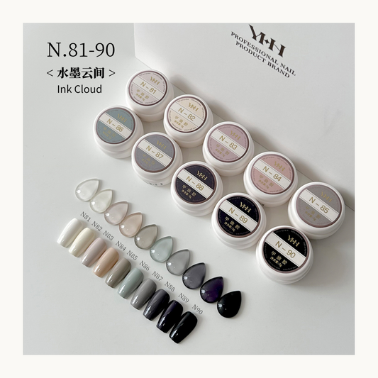 YHH Ink Cloud N81-90 gel nail polish collection, professional soak off UV LED gel nail colors in white, nude, grey, purple and black tones for modern nail art design.