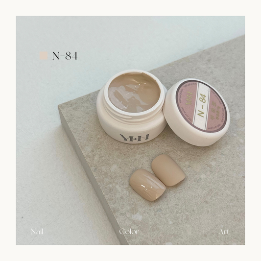 YHH N84 warm beige gel color pot with glossy and solid swatches