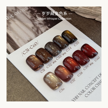 YHH Golden Whisper Collection C51-C60 magnetic cat eye and glitter flash gel polish professional salon nail color chart