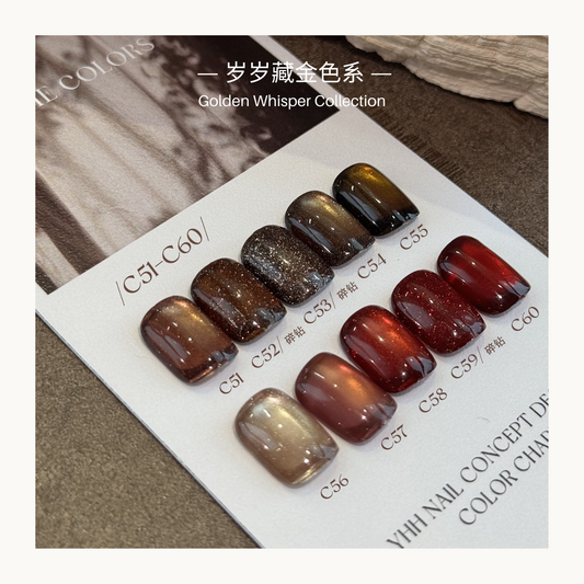 YHH Golden Whisper Collection C51-C60 magnetic cat eye and glitter flash gel polish professional salon nail color chart