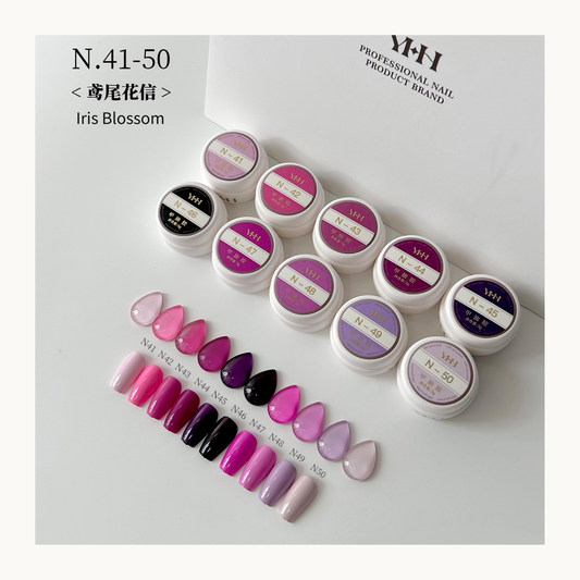 YHH Iris Blossom N41-N50 gel polish collection swatches, professional nail color set in pink purple tones, available in Vancouver Canada