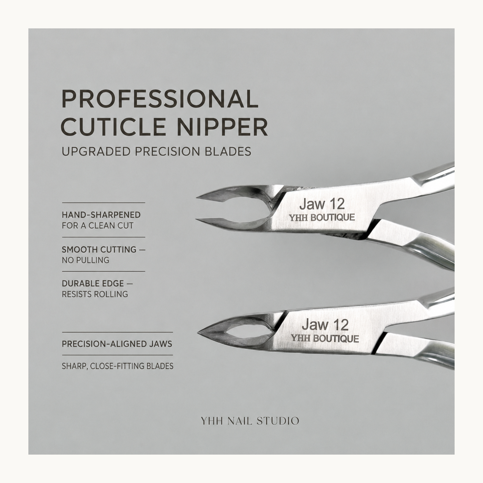Close-up of YHH Jaw 12 cuticle nipper blades featuring hand-sharpened, precision-aligned jaws for clean cuticle trimming.