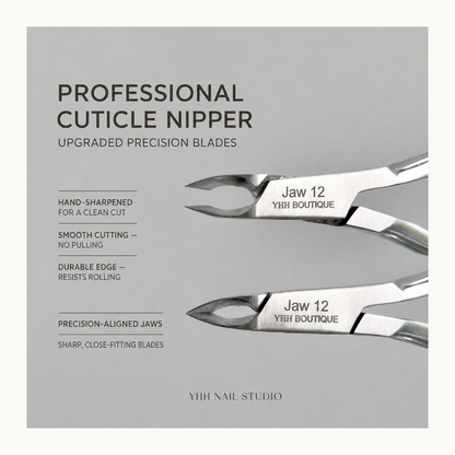 Close-up of YHH Jaw 12 cuticle nipper blades featuring hand-sharpened, precision-aligned jaws for clean cuticle trimming.