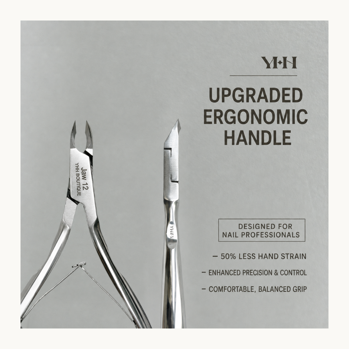 YHH Jaw 12 professional cuticle nippers with an ergonomic balanced handle for precision control during nail services.