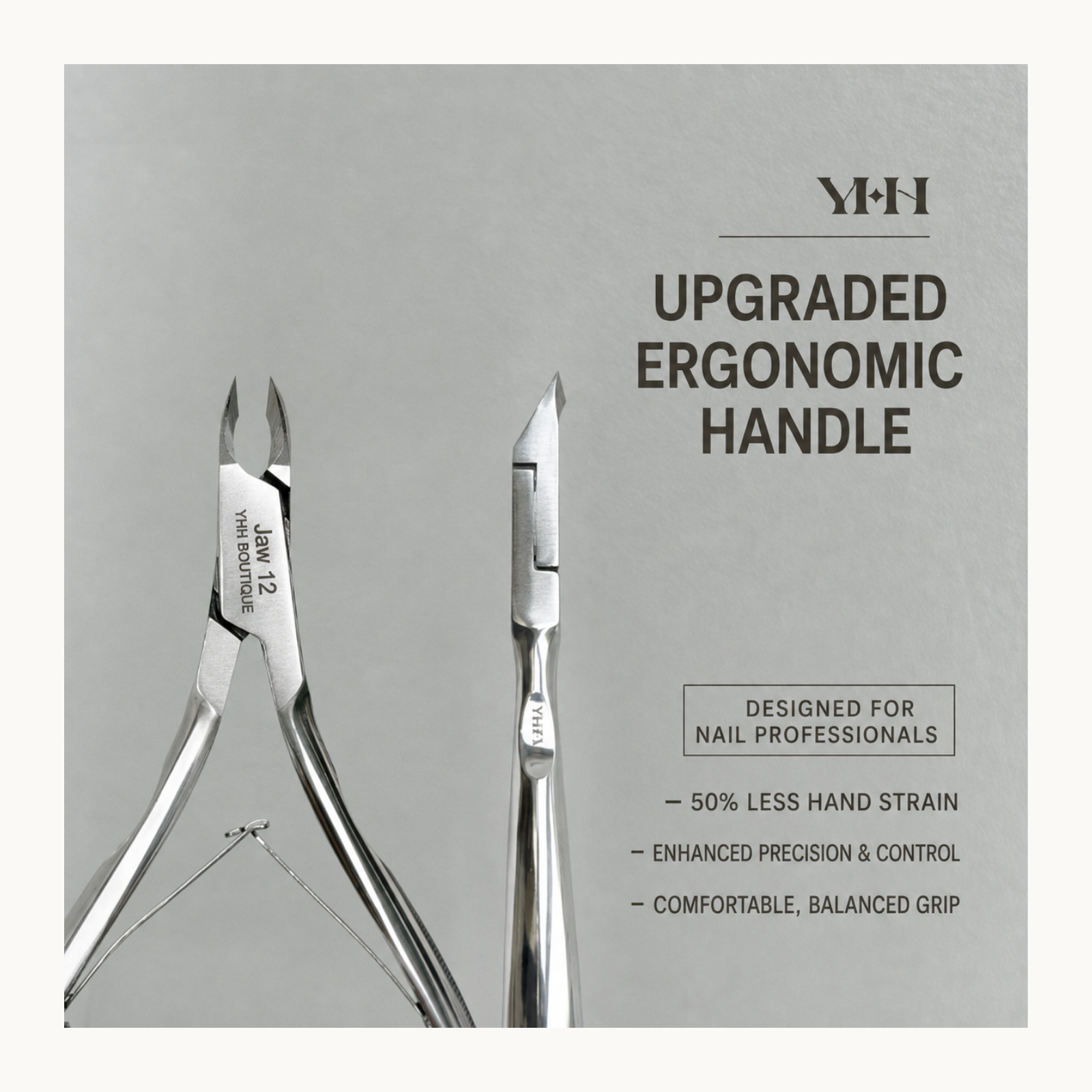 YHH Jaw 12 professional cuticle nippers with an ergonomic balanced handle for precision control during nail services.