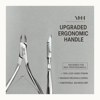 YHH Jaw 12 professional cuticle nippers with an ergonomic balanced handle for precision control during nail services.