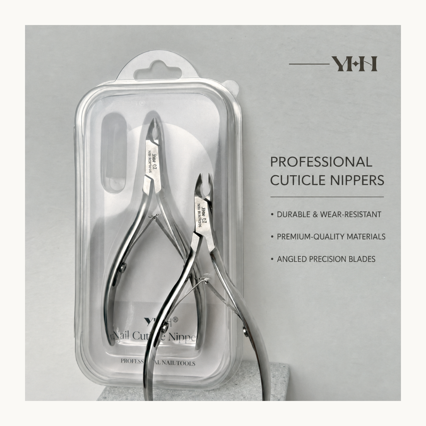 YHH Jaw 12 professional cuticle nippers with precision angled blades and protective storage case for salon manicures.