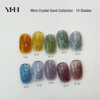 YHH Mino Crystal Sand 10 shades vibrant crushed diamond reflective gel polish swatch card for nail salon