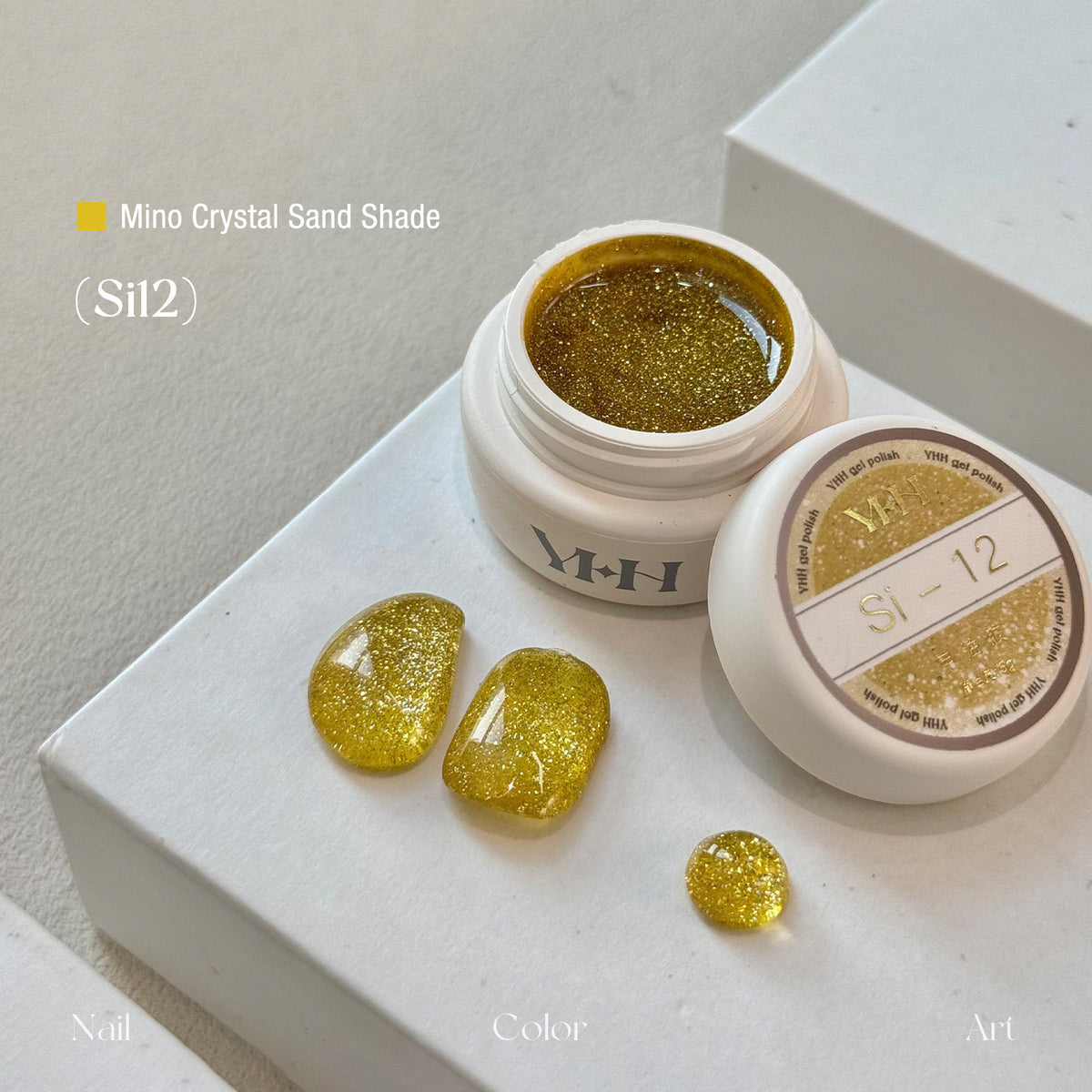 YHH Mino Crystal Sand Si12 golden yellow reflective crushed diamond jar gel polish nail swatch