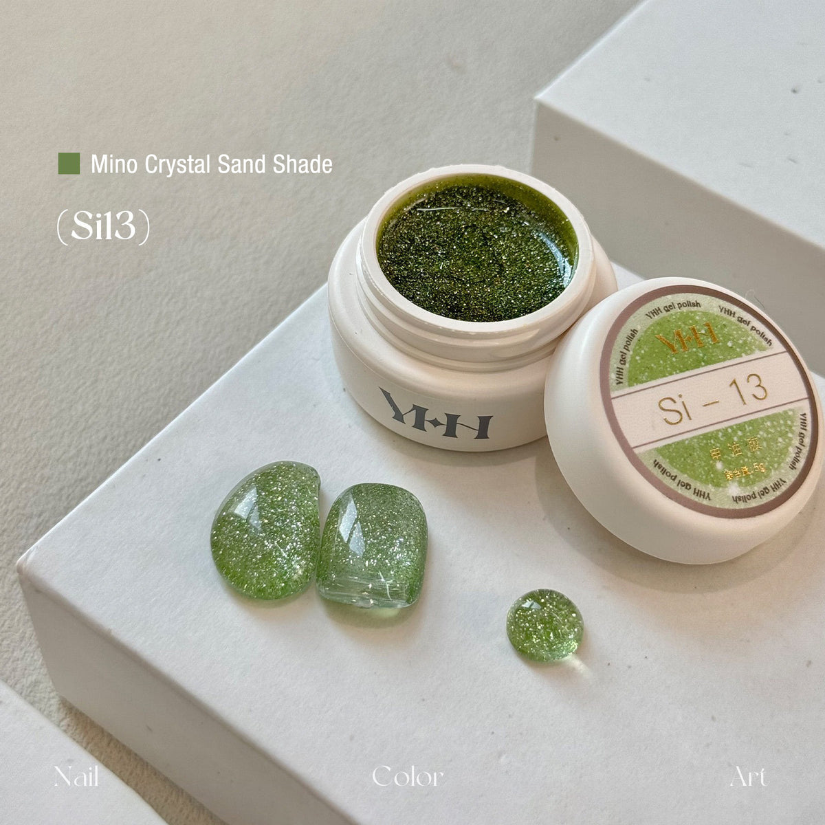 YHH Mino Crystal Sand Si13 sage muted green reflective glitter jar gel polish for nail techs