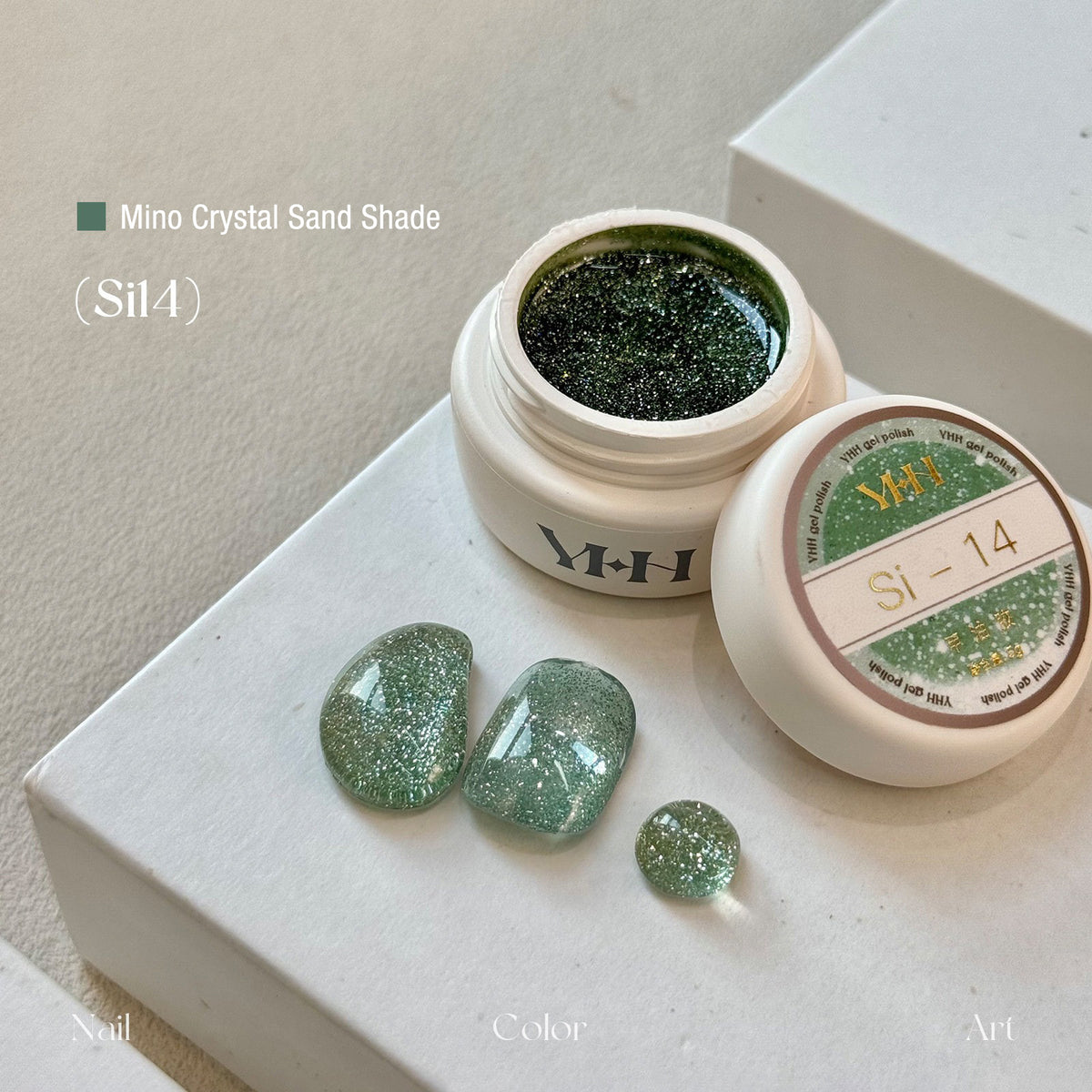 YHH Mino Crystal Sand Si14 teal green reflective crushed diamond jar gel polish manicure swatch