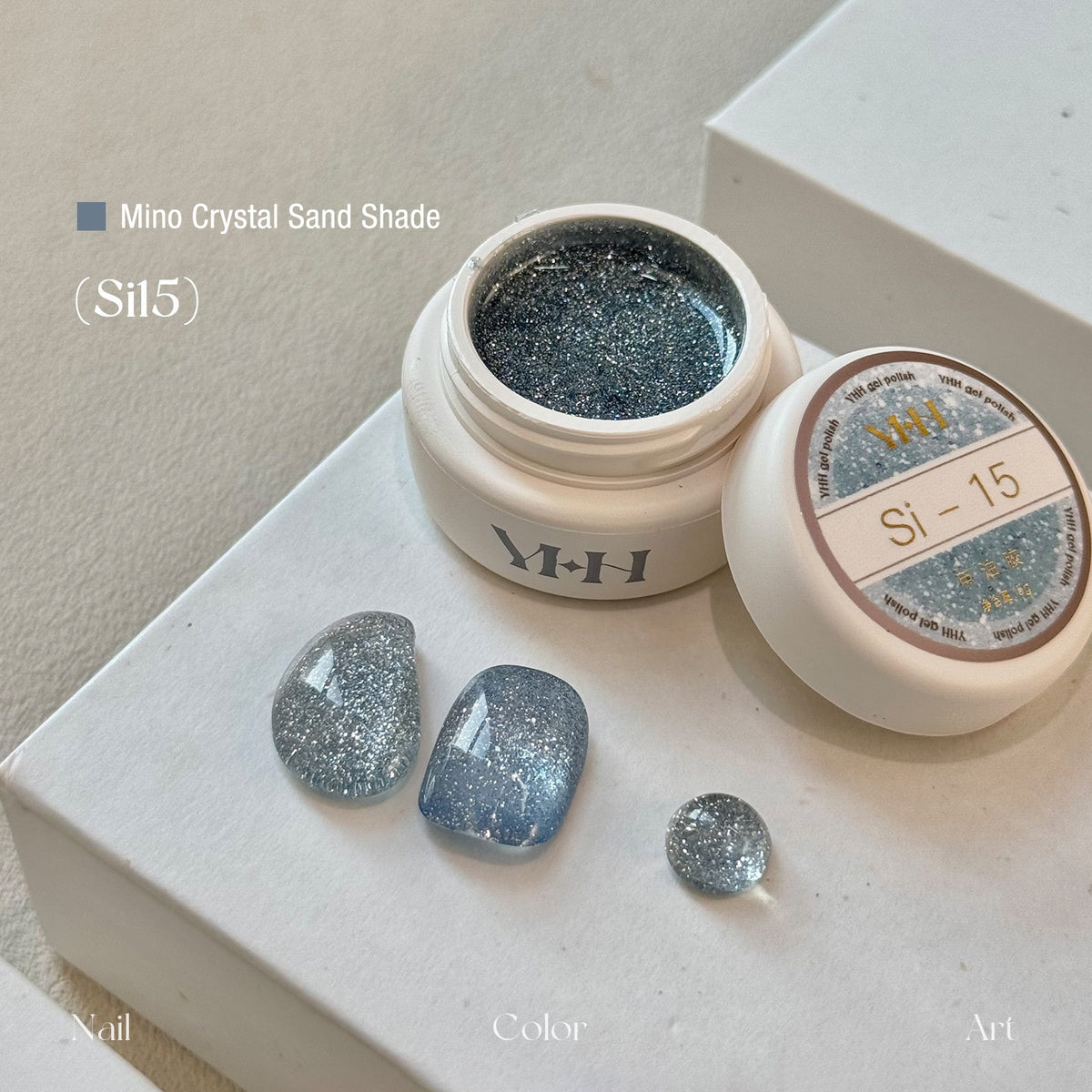 YHH Mino Crystal Sand Si15 cornflower blue reflective glitter jar gel polish pot and nail sample