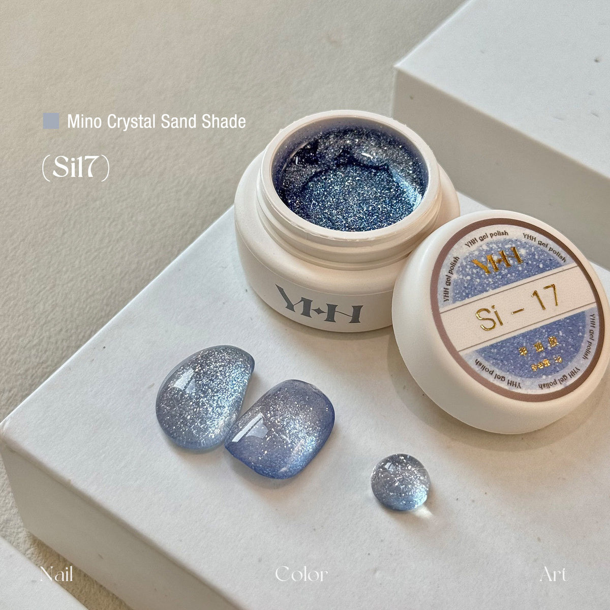 YHH Mino Crystal Sand Si17 cool grey reflective crushed diamond jar gel polish nail swatch