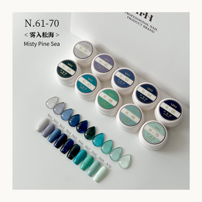 YHH Misty Pine Sea N61-N70 gel polish collection, green blue neutral nail colors for professional nail salons in Vancouver Canada