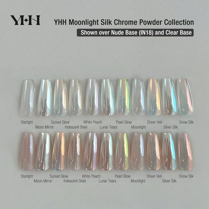 YHH Moonlight Silk Chrome Powder Collection swatch card, 11 shades of silk nail chrome powder swatched over nude IN18 base and clear gel base, pearlescent iridescent nail pigment for nail art manicure