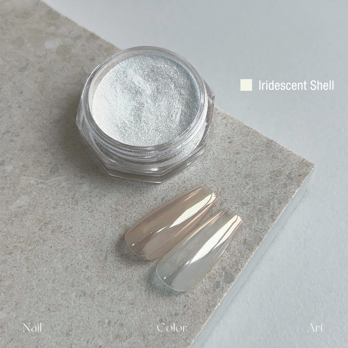 YHH Moonlight Silk Chrome Powder Iridescent Shell, shell aurora silk chrome nail pigment jar, multi color shift pearl swatch for gel manicure nail art