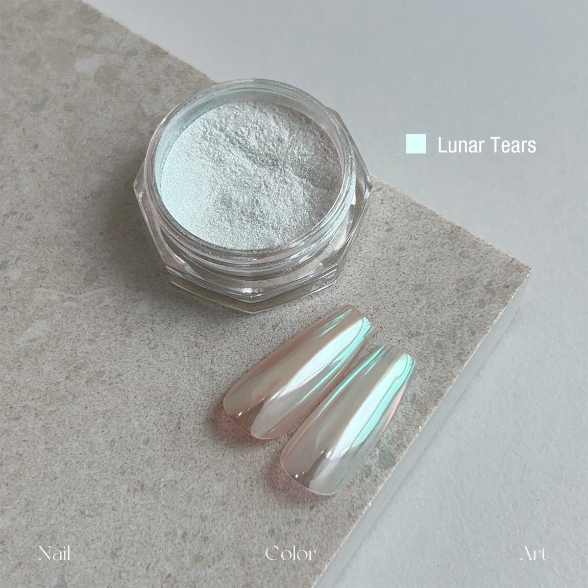 YHH Moonlight Silk Chrome Powder Luna’s Tear, iridescent silk chrome nail powder jar, soft blue aurora pearl swatch for gel manicure nail art