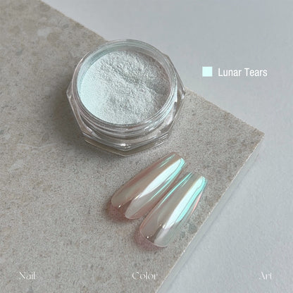YHH Moonlight Silk Chrome Powder Luna’s Tear, iridescent silk chrome nail powder jar, soft blue aurora pearl swatch for gel manicure nail art