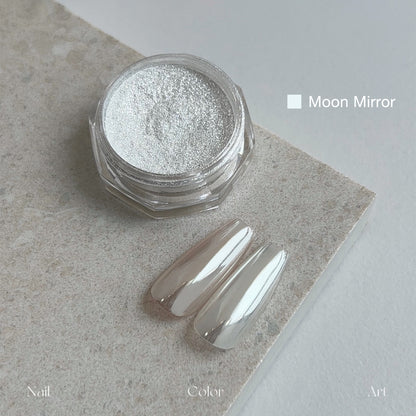 YHH Moonlight Silk Chrome Powder Moon Mirror, iridescent silk chrome nail pigment jar, cool silver aurora pearl nail swatch for gel manicure