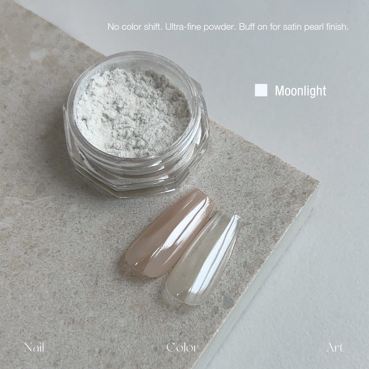YHH Moonlight Silk Chrome Powder Moonlight, non color shift ultra fine silk nail chrome powder jar, satin pearl luster swatch for gel manicure nail art