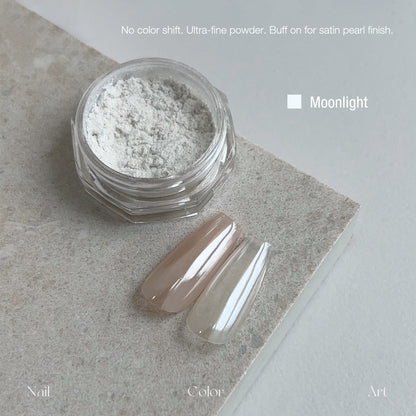 YHH Moonlight Silk Chrome Powder Moonlight, non color shift ultra fine silk nail chrome powder jar, satin pearl luster swatch for gel manicure nail art