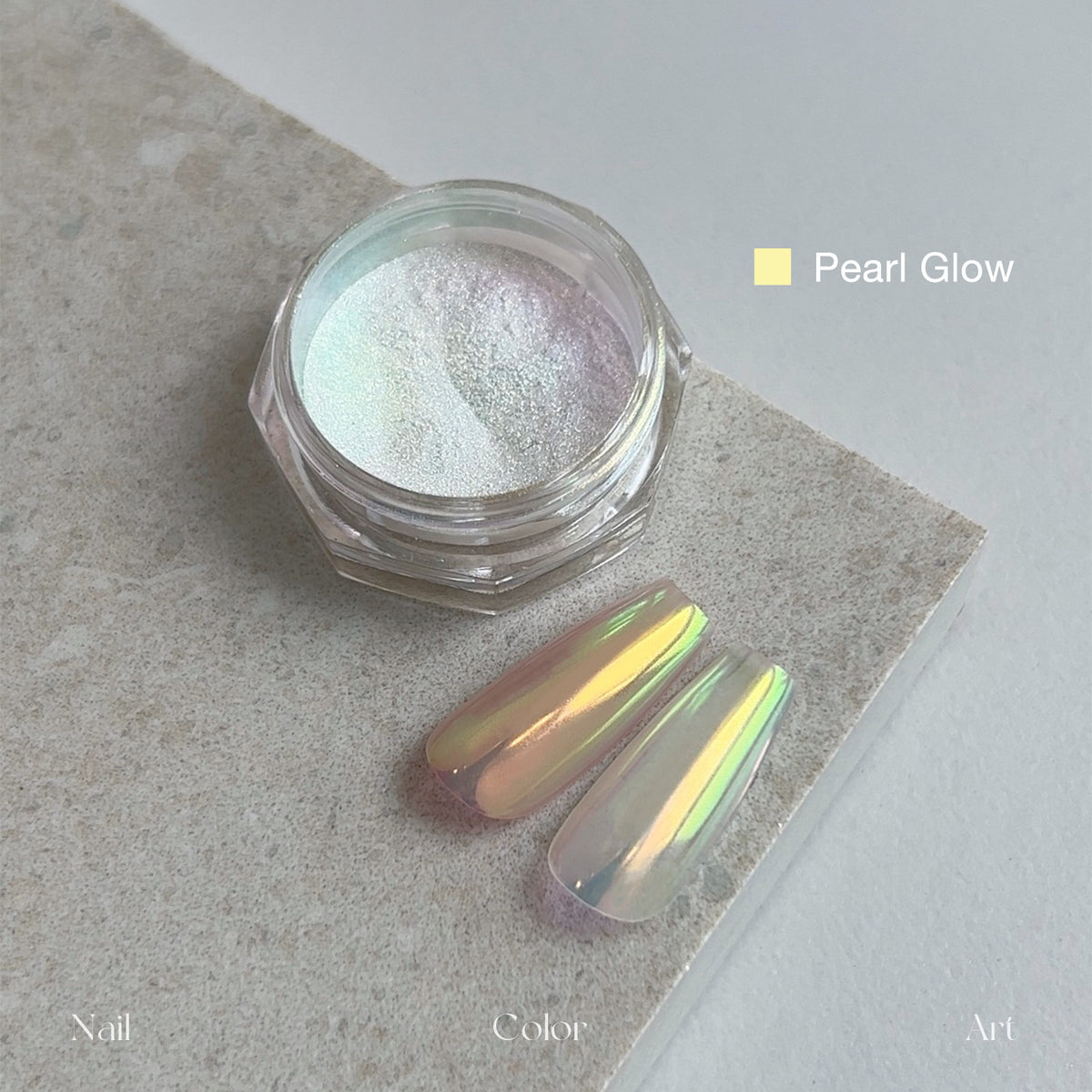 YHH Moonlight Silk Chrome Powder Pearl Glow, aurora iridescent silk chrome nail pigment jar, rainbow color shift nail swatch for gel nail art