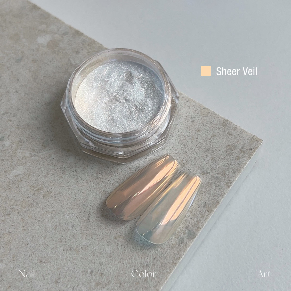 YHH Moonlight Silk Chrome Powder Sheer Veil, fine silk chrome nail pigment jar with nail swatch, warm champagne pearlescent luster for gel nail art